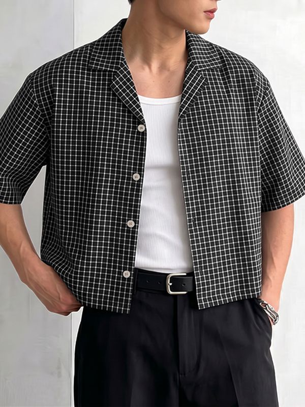 Men's Retro Plaid Boxy Cropped Camp Collar Short Sleeve Shirt SKUL75535