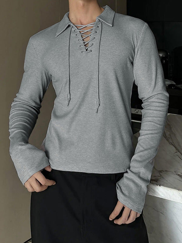 Mens Lace-Up Cross V-Neck Long-Sleeve T-Shirt SKUK88183