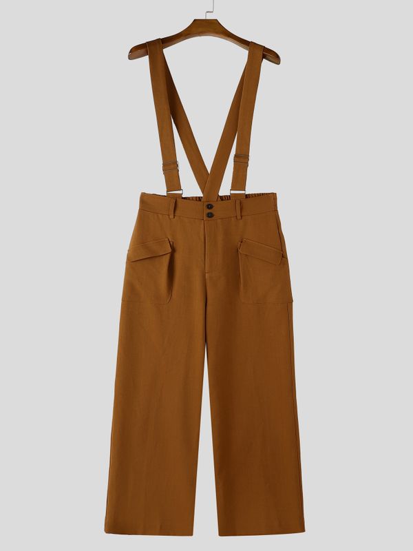 Men's Avant-Garde Runway Adjustable Suspender Strap Cargo Flap Pocket High Waist Pant SKUL80468