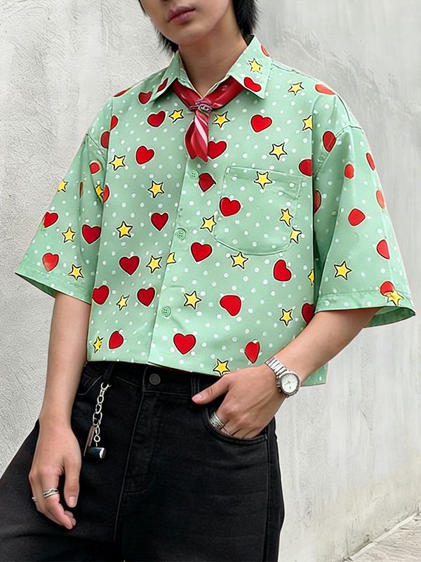 Men's Heart Star Polka Dot Print Half Sleeve Shirt SKUL54683