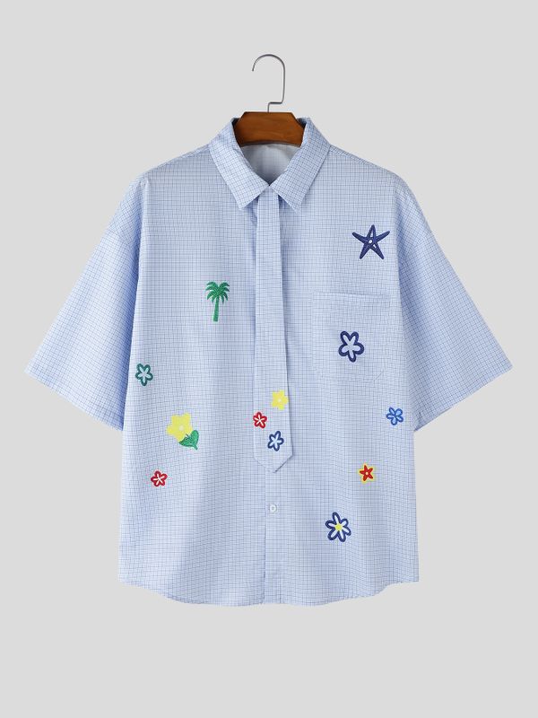 Men's Japanese Harajuku Style Playful Floral Print Plaid Shirt SKUL70205