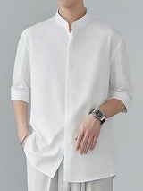 Men's Minimalist Clean-Fit Daily Commute Concealed Placket Mandarin Collar 3/4 Sleeve Shirt SKUL84679