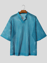 Men's Sheer Mesh Stand Collar Short Sleeve T-shirt SKUL59482