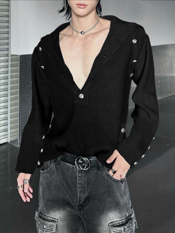 Men's Deconstructed Metal Buckle High Neck Long Sleeve T-shirt SKUL42254