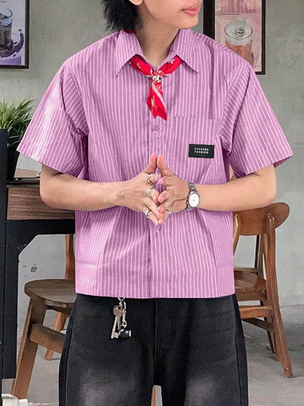 Mens Simple Striped Short Cropped Short Sleeve Shirt SKUL02352