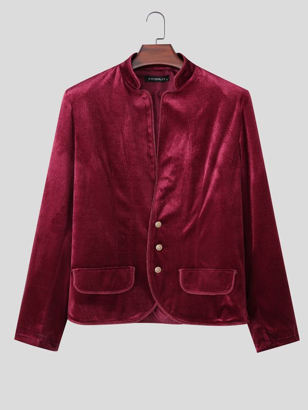 Men's Retro Quiet Luxury Cocktail Party Lustrous Velvet Metal Button Long Sleeve Stand Collar Jacket SKUL77985