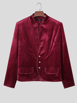 Men's Retro Quiet Luxury Cocktail Party Lustrous Velvet Metal Button Long Sleeve Stand Collar Jacket SKUL77985