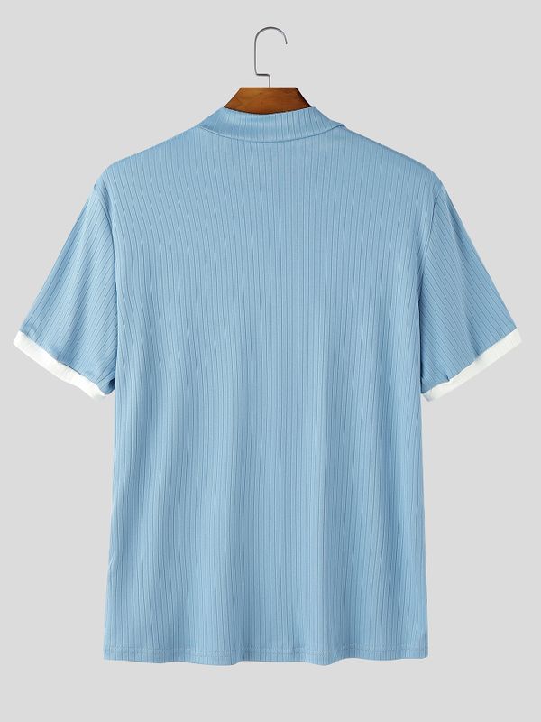 Men's Casual Ribbed Contrast Panel Drawstring V-Neck Short Sleeve Shirt SKUL73568