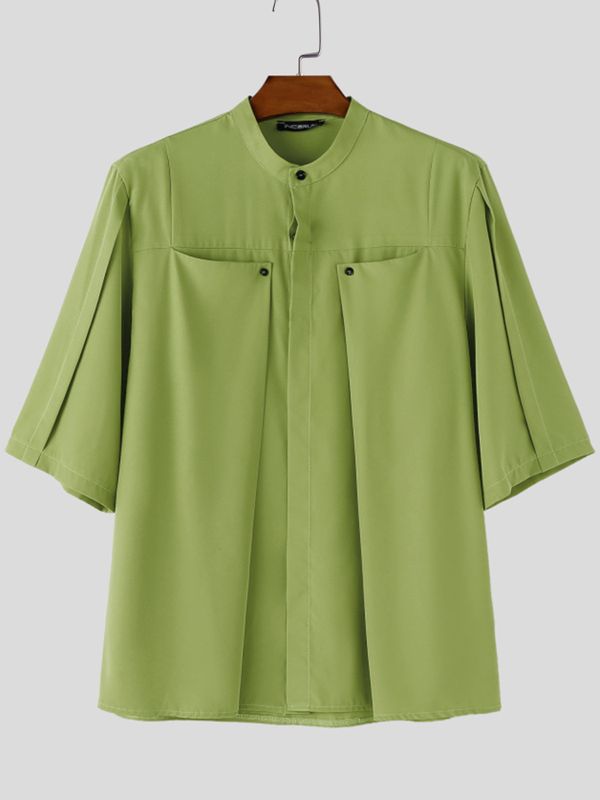 Men's Architectural Pleated Panel Stand-Collar Boxy Shirt SKUL61856