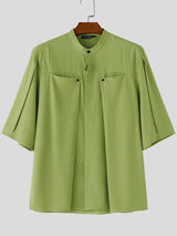Men's Architectural Pleated Panel Stand-Collar Boxy Shirt SKUL61856