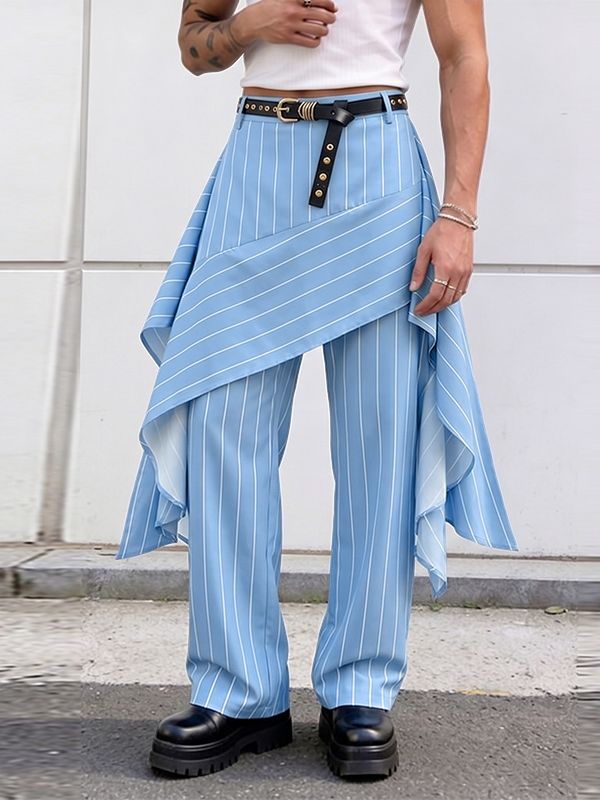 Men's Avant-Garde Asymmetric Pinstripe Skirted Layered Wide-Leg Pant SKUL65878