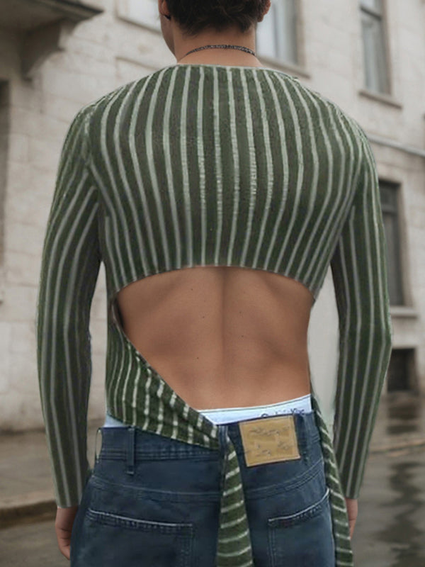 Men's Backless Striped Long Sleeve T-Shirt SKUL24803