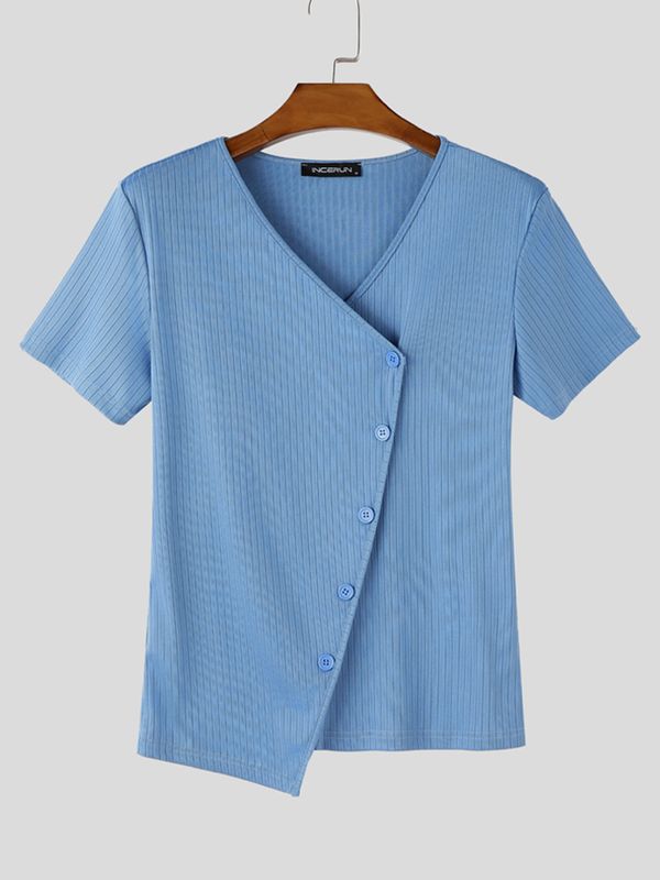 Men's Avant-Garde Deconstructed Asymmetric Slanted Button V-Neck Ribbed Fitted Short Sleeve T-shirt SKUL72643