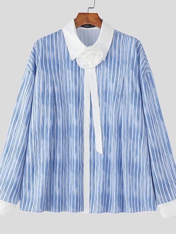 Men's 3D Floral Decoration Striped Long Sleeve Shirt SKUL48017
