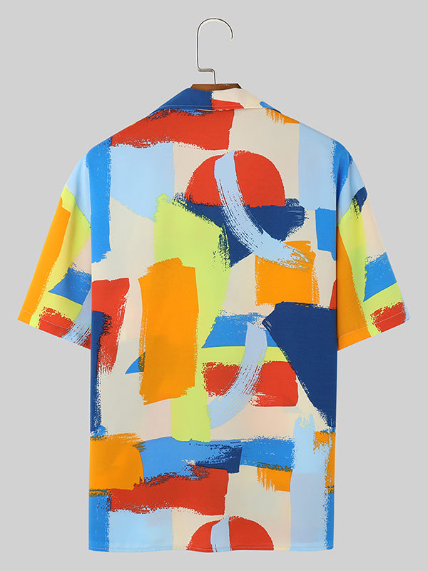 Mens Colorful Color Block Print Revere Collar Shirt SKUK54522