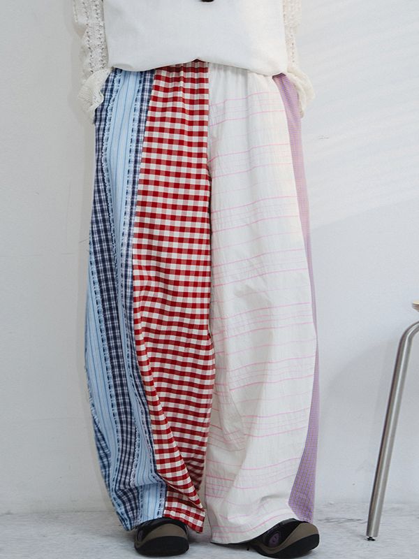Men's Vintage Japanese Streetwear Patchwork Plaid Wide Leg Balloon Pant SKUL69625