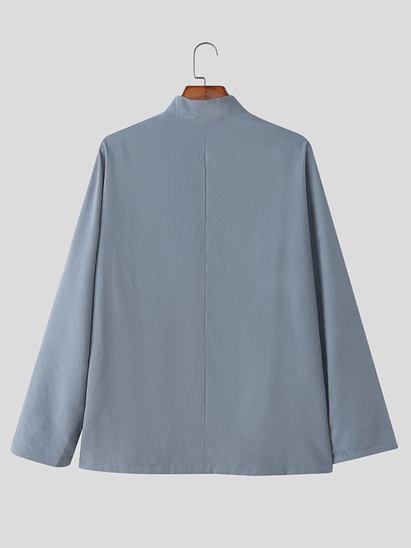 Men's Solid Color Frog Button Long Sleeve Shirt SKUL40230