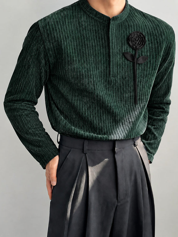 [Pre-order] Men's Smart Chic Art Exhibition 3D Rose Flower Ribbed Velvet Stand Collar Shirt SKUL89271