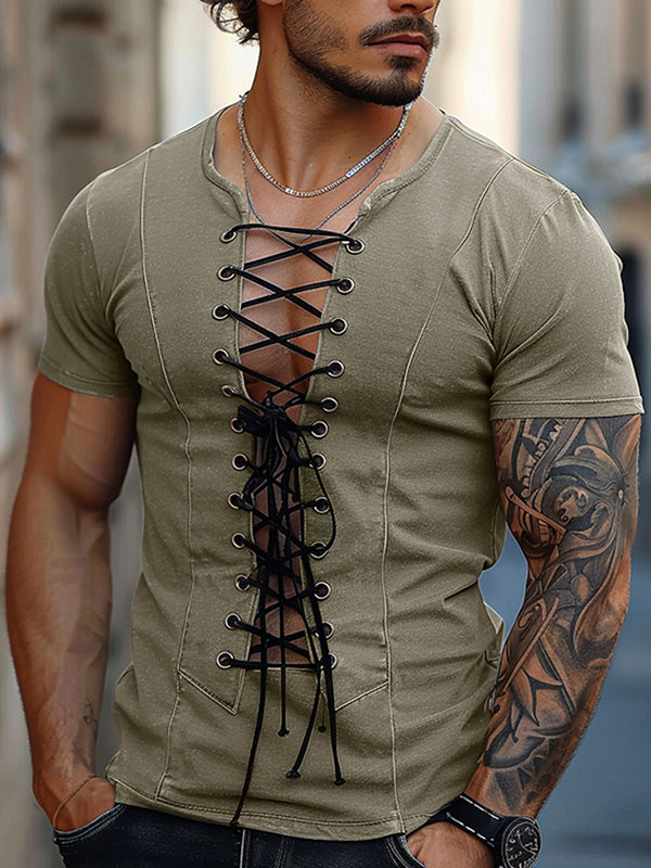 Mens Knit Tie Front Stretch Short Sleeve T-Shirt SKUK72229