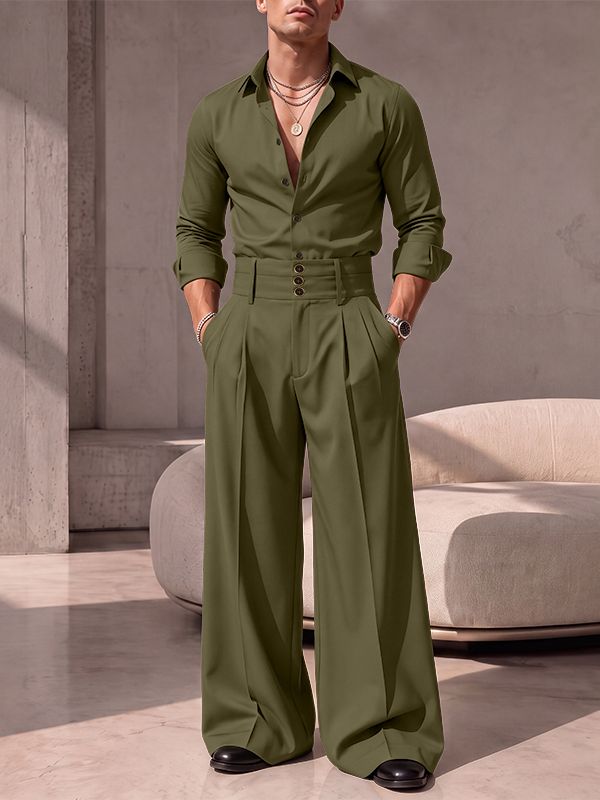 Men's Retro Quiet Luxury Multi Button Cummerbund Waist Pleated Two Pieces Outfit SKUL82400