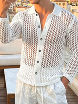 Men's Beach Resort Open Knit Mesh Sheer Long Sleeve Button Down Polo Shirt SKUL73669