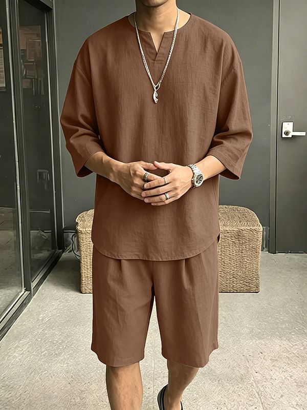 Men's Minimalist Casual V-Notch Neck Drop Shoulder Two Pieces Outfit SKUL68359