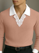 Men's Lace Patchwork Contrast Lapel Long Sleeve Shirt SKUL25985