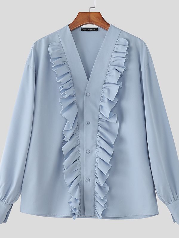 Men's Solid Color Ruffle Patchwork Long Sleeve Shirt SKUL42709