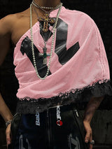 Men's Avant-Garde One-Shoulder Number Print Mesh Ruffle Lace Hem Tank SKUL54411