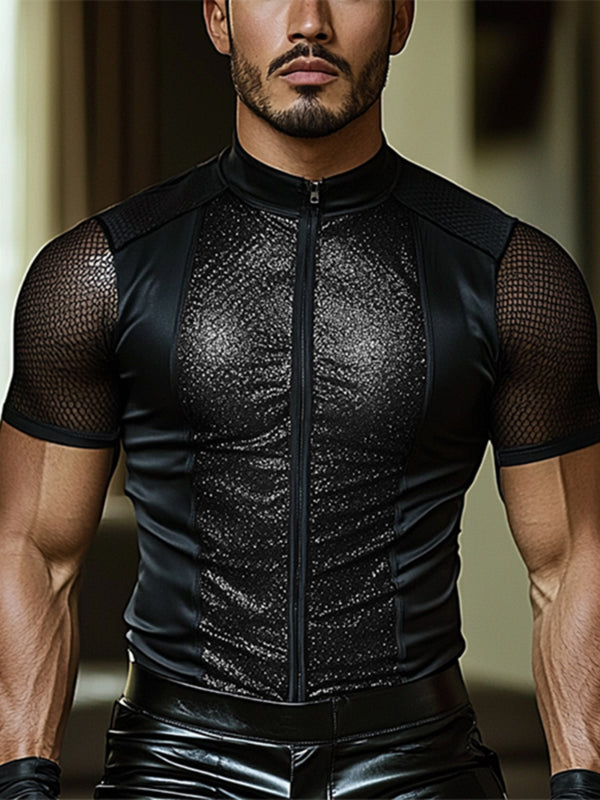 Men's Glitter Sheer Mesh Patchwork Short Sleeve T-Shirt SKUL12896