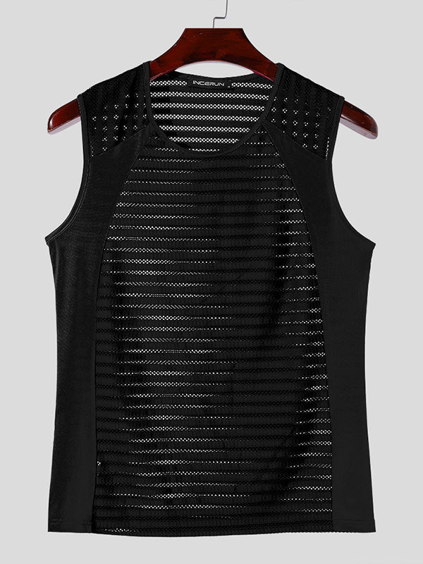 Mens Hollow-Out Mesh Stripe Knitted Tank SKUK74924