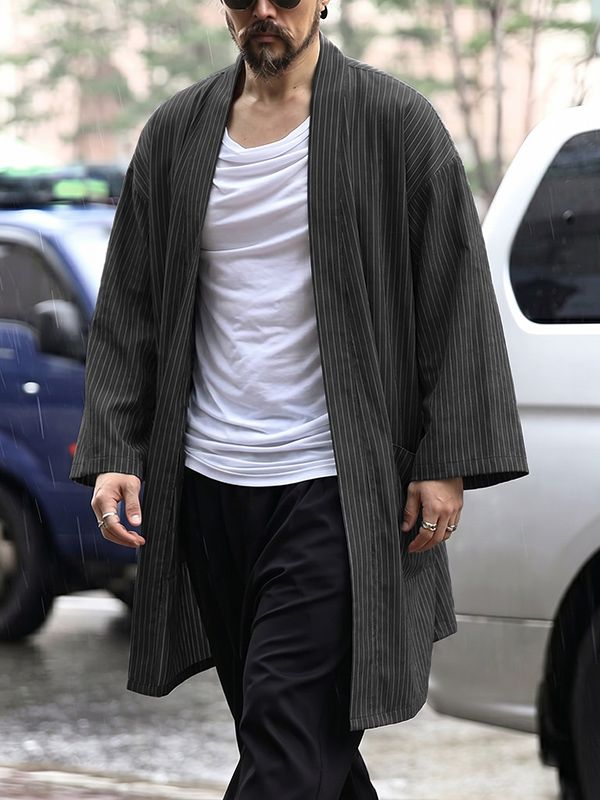 Men's Japanese Zen Striped Patch Pocket Open Front Wide Sleeve Cardigan SKUL72503