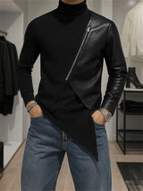 Men's Faux Leather Irregular Hem Long Sleeve T-Shirt SKUL28334