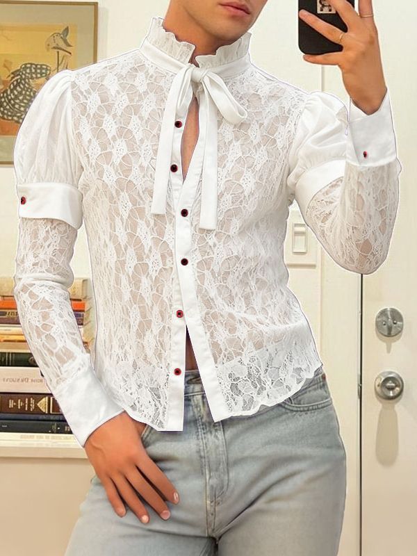 Men's Sheer Lace Puff Sleeve Shirt SKUL39007