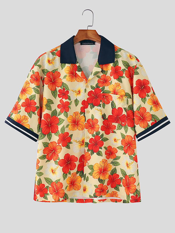 Mens Floral Print Colorblock Short Sleeve Shirt SKUL12723
