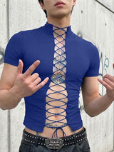 Men's Avant-Garde Full Lace-Up Front Slim Fit Mock Neck Short Sleeve T-shirt SKUL56149