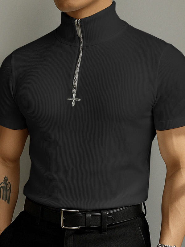 Mens Solid Color Textured Zipper Short Sleeve T-Shirt SKUL15196