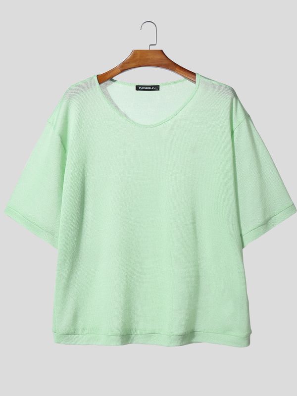 Men's Solid Color Textured Semi Sheer Short Sleeve T-shirt SKUL54745