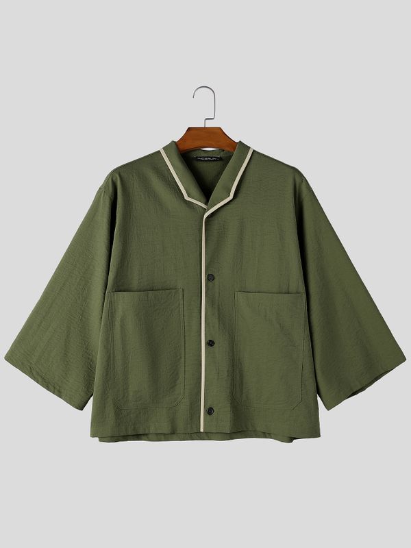 Men's Early Autumn Urban Casual Piped Edge Button Down Wide 3/4 Sleeve Lapel Collar Shirt SKUL81910