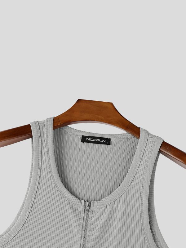 Men's Gym Bodybuilding Ribbed Textured Half Zipper Deep V-Neck Tank SKUL65389