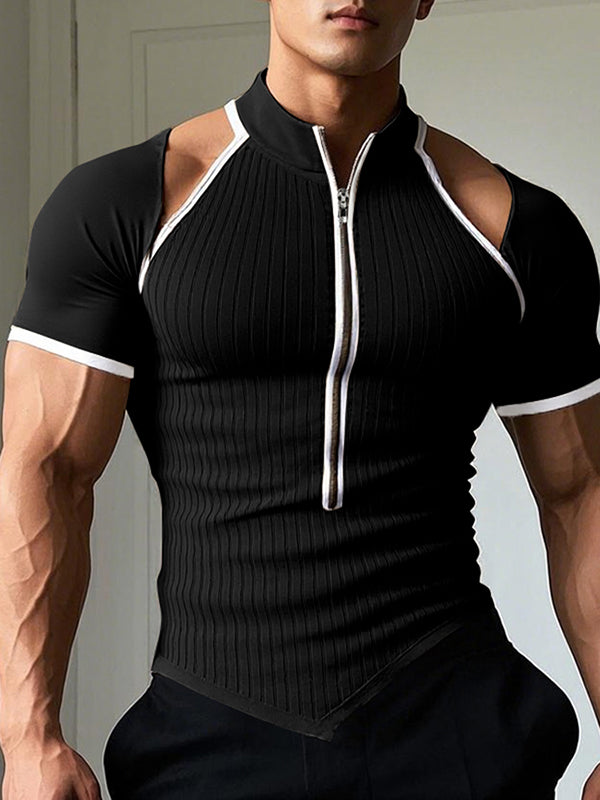 Mens Cut-Out Design Half-Zip Short Sleeve T-Shirt SKUK99805