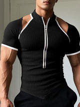 Mens Cut-Out Design Half-Zip Short Sleeve T-Shirt SKUK99805