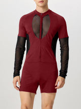 Mens Cut-Out Mesh Patchwork Long Sleeve Bodysuit SKUK84746