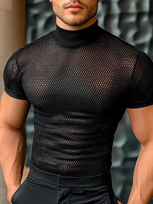 Mens Sheer Mesh Mock Neck Short Sleeve T-Shirt SKUL03161