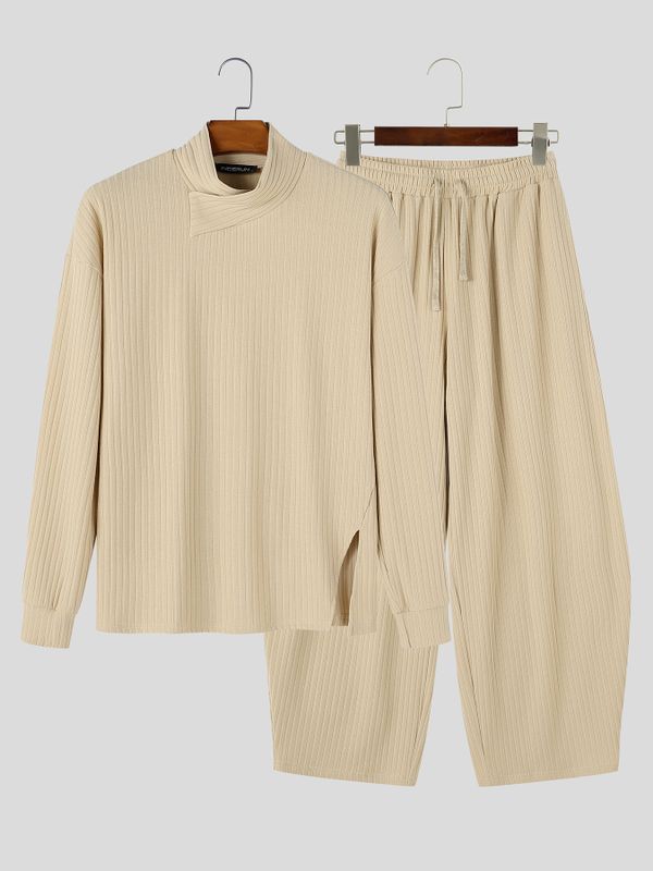 Men's Zen Minimalist Art Exhibition Asymmetric Wrap Neck Ribbed Two Pieces Outfit SKUL85948
