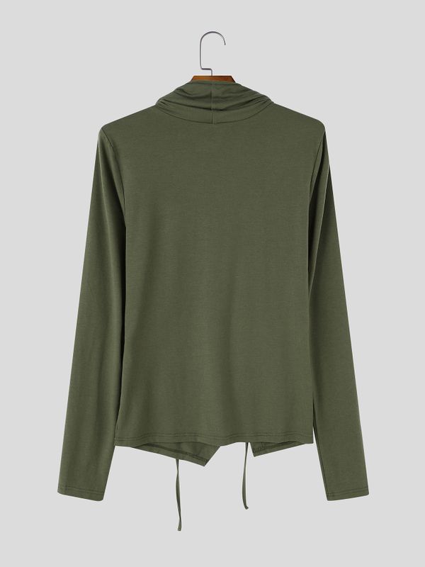 Men's Avant-Garde High Street Draped Cowl Neck Hanging Drawstring Asymmetrical Pointed Hem Long Sleeve T-shirt SKUL83998