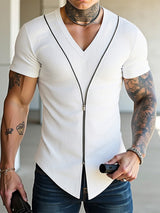 Mens Textured Zip V-Neck Short Sleeve T-Shirt SKUL04094