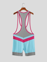 Men's Retro Color-Block Letter Print Tight Wrestling Singlet Bodysuit SKUL63816