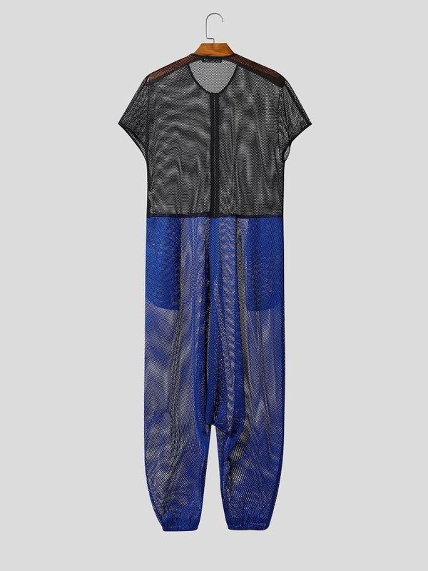 Men's Avant-Garde Two-Tone Mesh Drop-Crotch Zipper Jumpsuit SKUL56630