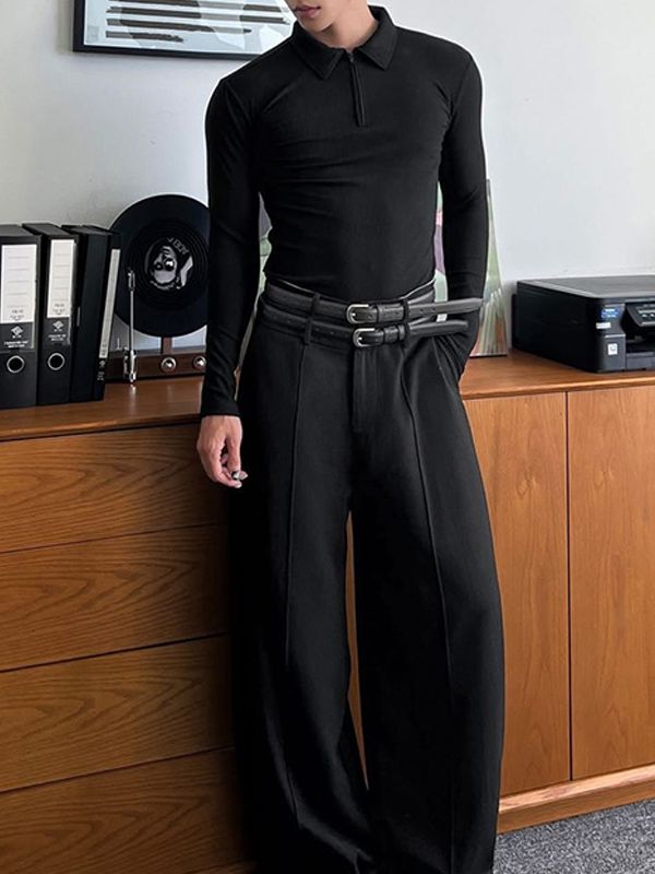 Men's Textured Knit Lapel Long Sleeve T-Shirt SKUL32787